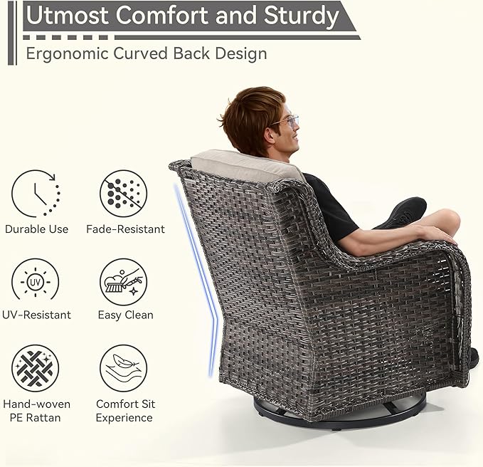 2 Pieces Outdoor Swivel Rocker Patio Chairs Set - Outdoor Wicker Patio Conversation Sets with 1 Side Table, Olefin Fabric Cushions Suitable for Backyard Deck and Porch, Beige