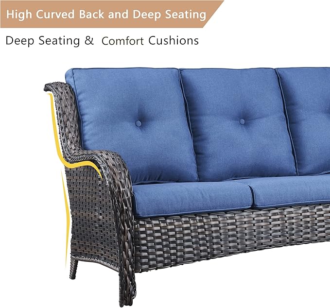 HUMMUH 7pcs Patio Furniture Set Swivel Rocker Patio Chairs,PE Wicker Outdoor Sofa Set of 2 with Coffee Table and Ottomans(Brown,Blue)