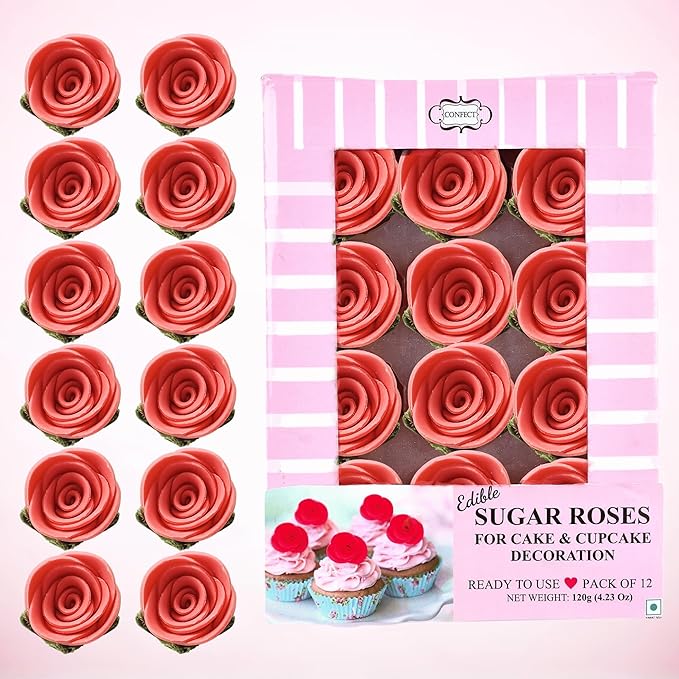 Confect Edible Coral Rose Cake Toppers | Handmade Edible Roses for Cakes, Cupcakes & Donuts | Floral Sugar Decorations for Wedding, Birthday & Festive Desserts – Pack of 12