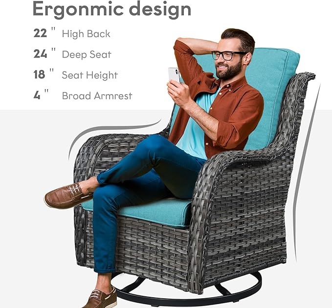 Outdoor Swivel Rcoker Wicker Chairs - Swivel Patio Chairs Set of 2 Patio Furniture Sets with Covered Cushion for Porch Deck Balcony Backyard, Turquoise Cushion