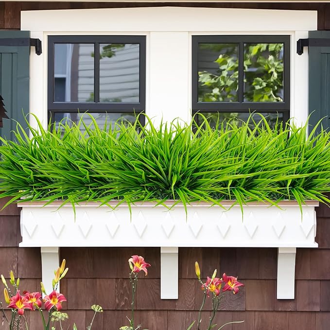 Uieke 12 Bundles Artificial Outdoor Plants UV Resistant Fake Grass Plants Faux Plastic Plants Greenery Shrubs for Home Garden Pathway Window Box Front Porch Spring Summer Decor, Green