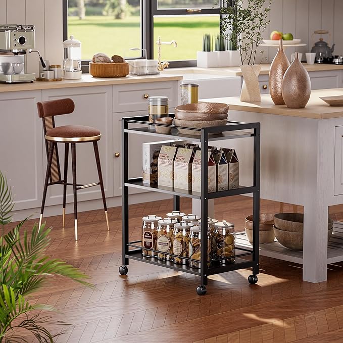 HITNET Bar Cart Black, Serving Cart for Home, 3 Tier Drinks Cart with Wheels, Rolling Beverage Cart for Kitchen Dining Living Room