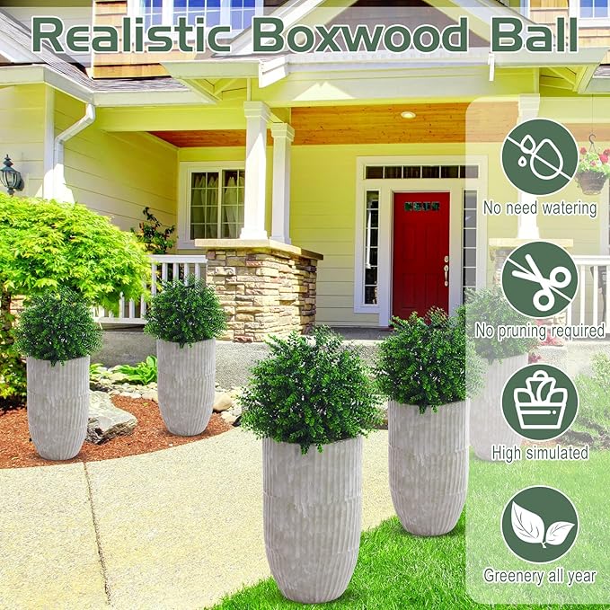 Yunlly 2 Pcs 18 Inch Artificial Boxwood Ball Topiary Tree Fake Outdoor Plants Bush, UV Resistance Faux Shrubs with Spike Realistic Greenery Potted for Indoor Garden Yard Porch Patio Decor (Green)