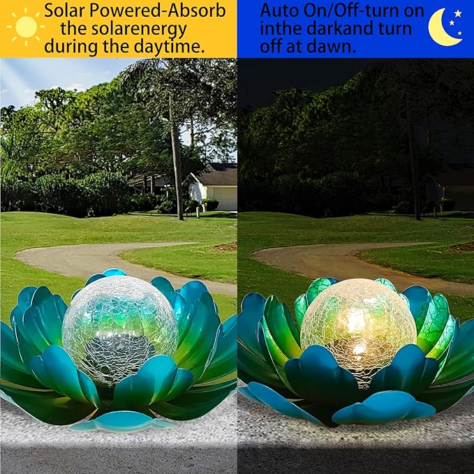 WNP Solar Powered Outdoor Decorative Lights Waterproof Lotus Flower with Crackle Glass Globe and Metal Base for Garden Patio Pathway Yard Tabletop Decor,Birthday Gift for Mom Sister Grandma