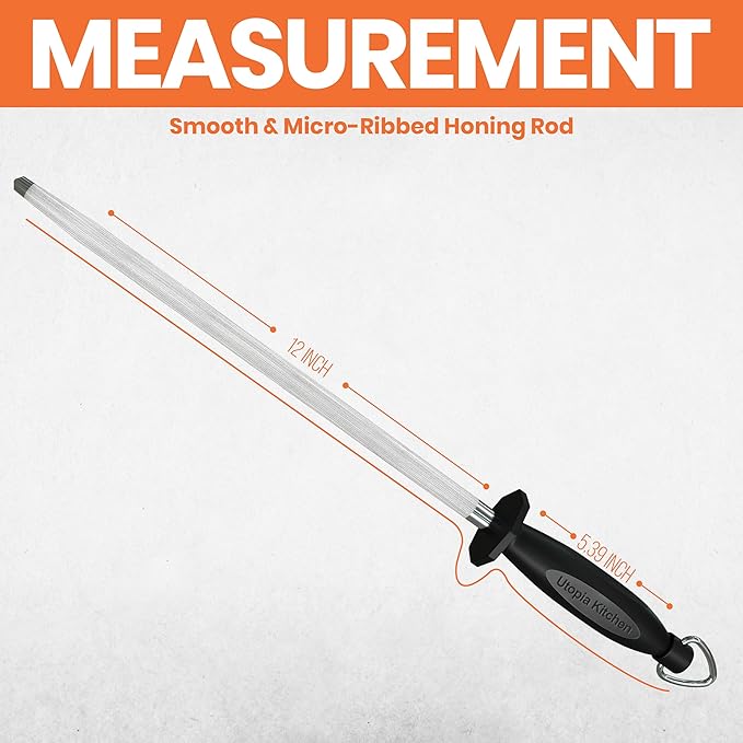 Utopia Kitchen Knife Sharpener Rod 12 Inch, Professional Honing Rod for Knife Sharpening with Hanging Hook, Black