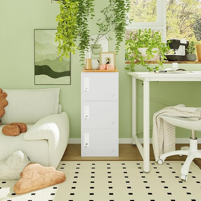 3 Door Metal Vertical Storage Locker for School, Office, Home,Gym,Stackable Steel Storage Cabinet with Lock,Anti-Falling Device. (3 Door, White)