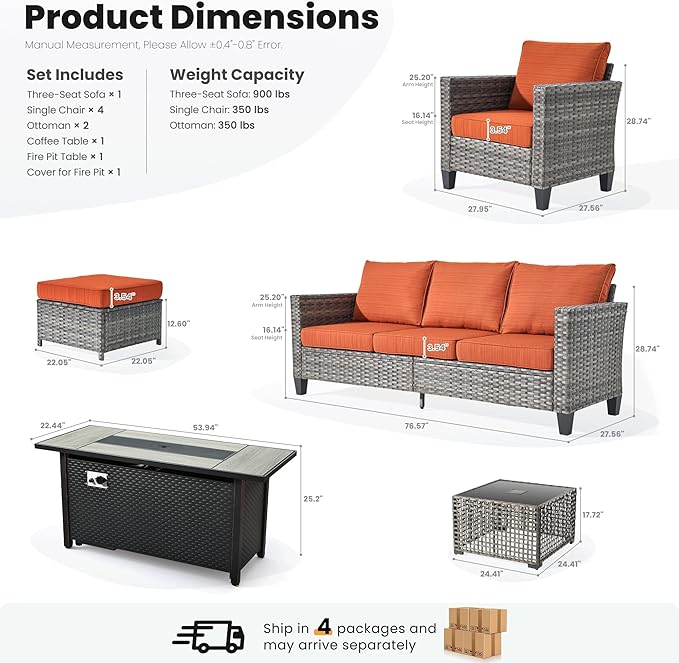 ovios 9 Pieces Patio Furniture Set with 54" Fire Pit Table, Outdoor Sofa Couch with Solar Lights Table Comfy Cushions, Modern Deep Seat Wicker Rattan Conversation Set, Orange Red