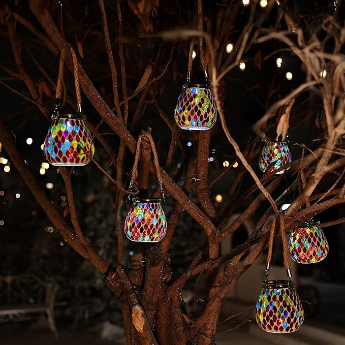 Cooo 4 Pack Mosaic Solar Lantern Outdoor Waterproof IP68 Hanging Projection Light Hidden Lid Pear-Shaped Lantern with Rope Handle Solar Powered Auto On for Patio Garden Fence Table - Crimson Ember