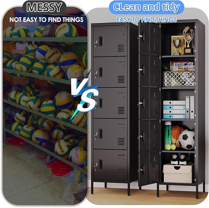 METAN Metal Storage Employees Locker with 5 Lockable Doors,Locking Storage Cabinets for Small Spaces,Home,School,Gym,Assembly Required,Black