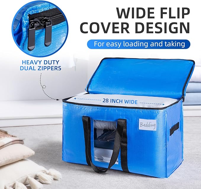 TAILI Extra Large Moving Bags, 6 Pack Blue Heavy Duty Totes For Storage with Visible Window, Wrap Around Handles, Storage Bags for Space Saving, Alternative to Moving Boxes