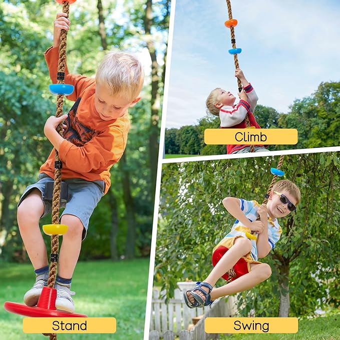 DECORLIFE Adjustable Rope Swing for Kids, Climbing Rope Disc Swing with Platforms, Carabiner and Tree Strap, Tree Swing for Outdoor, Swing Set Playground Accessories, Red