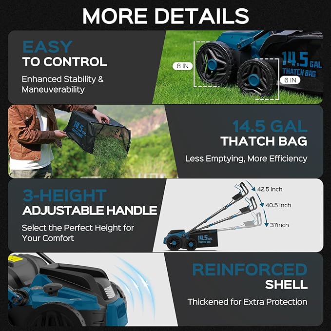 2025 Upgrade 16-Inch 15.5 Amp 2-in-1 Electric Dethatcher and Scarifier with 14.5-Gallon Collection Bag, Lawn Dethatcher with 5-Position Depth Adjustment, Keeps Lawn Healthy - Steel Blue