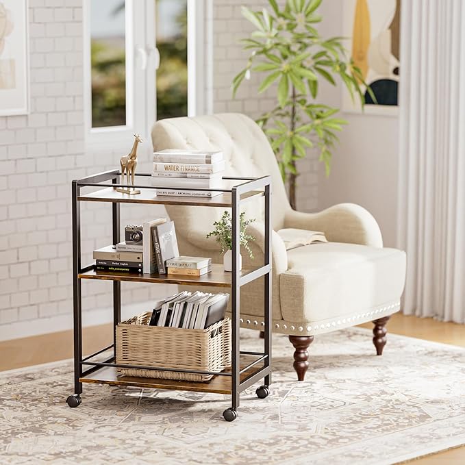 HITNET Bar Cart for The Home, Home Bar Serving Cart with Wheels and Storage Shelves, 3 Tier Rolling Liquor Beverage Cart for Kitchen Dining Living Room, Rustic Brown and Black