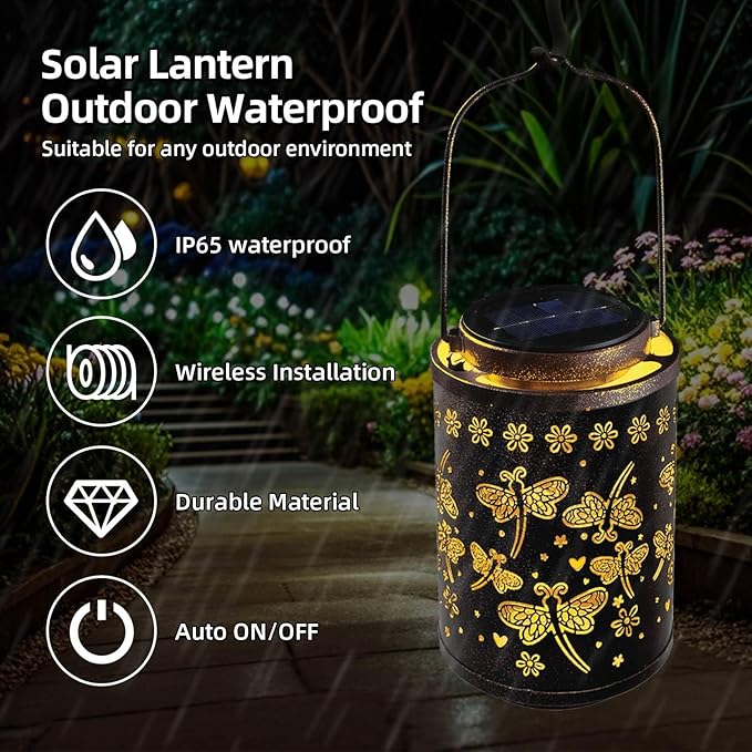 Solar Lanterns Outdoor Waterproof Dragonfly Garden Decor Gift for Women, Mom, Grandma, Hanging Metal Solar Lights for Yard, Patio, Porch, Backyard, Pathway Decoration