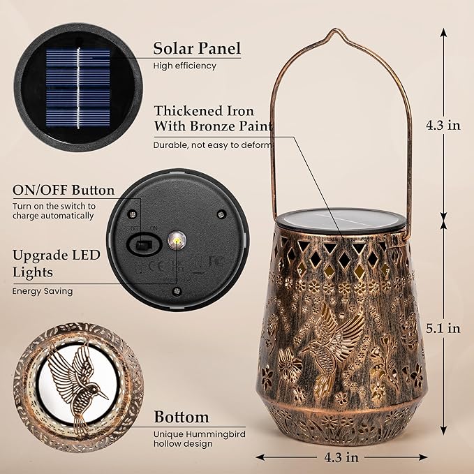 Solar Lanterns Outdoor Decor Waterproof,2Pack Hummingbird Hanging Gifts for Women, Mom, Solar Garden Lights Metal Decoration for Outside,Yard, Patio,Garden,Porch,Pool