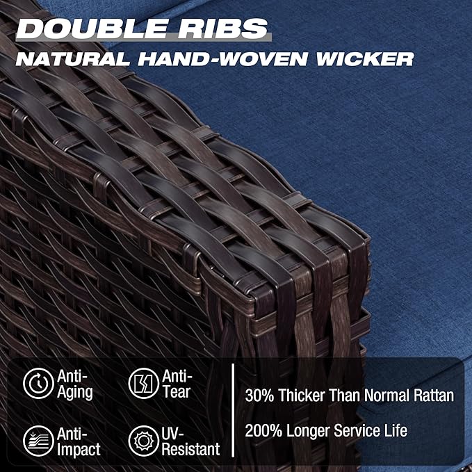 Joyside Wicker Patio Furniture Sets, 7 Pieces Upgraded Large Size Outdoor Furniture with Swivel Rocking Patio Chairs, 3-Seat Sofa, Outdoor Ottoman and Coffee Table, Thick Cushions, Wide Armrest