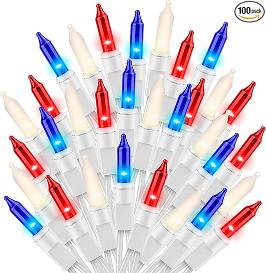Ultra-Bright Connect End to End Red White and Blue Christmas Mini Light 100L 19.6Ft UL Listed Incandescent Bulb String Light Set for Indoor Outdoor National Day Garden Christmas Tree Decor