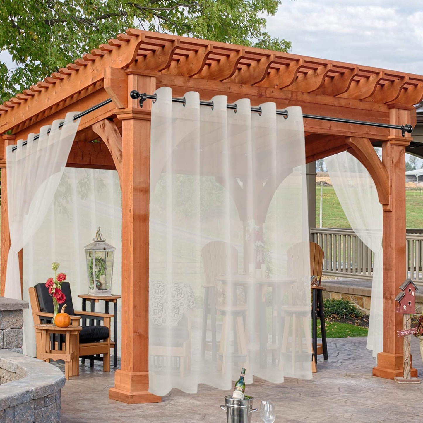 HolidayIdeas Beige Outdoor Sheer Curtains for Patio Waterproof, 4 Panels - 100 x 108 Inch - Extra Wide Voile Outside Curtains Light Filtering Grommet Drapes for Front Porch, Gazebo, Pergola, Backyard