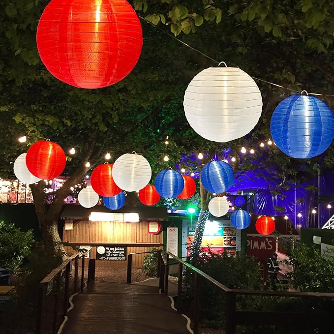 25FT Red White Blue Lantern String Lights Plug in, Large Lantern 4th of July Decor Lights with 10 G40 LED Bulbs, Chinese Hanging Outdoor Patio Lanterns for Independence Day Memorial Patriotic Party