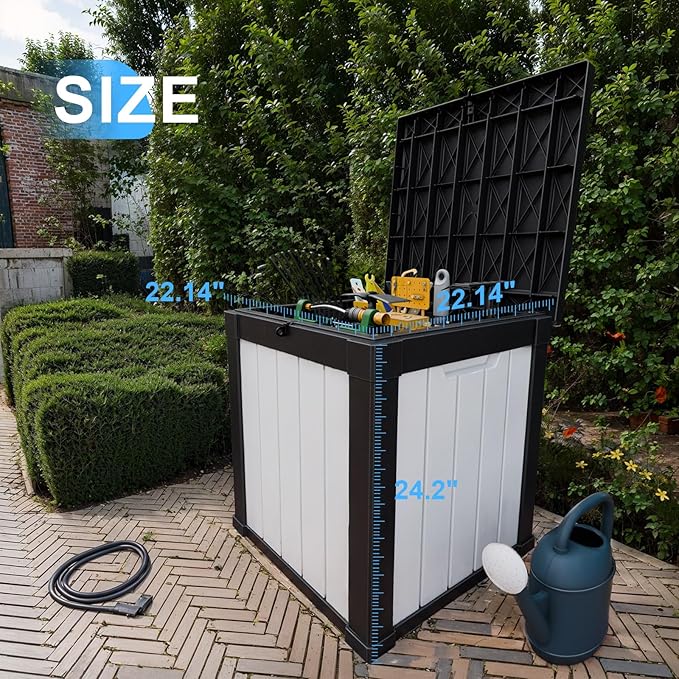 50 Gallon Outdoor Deck Box,Storage Lockable Waterproof Patio Furniture,Garden Tools,Cushions,Pool Accessories Outside Storage Resin Box(SM Black&White)