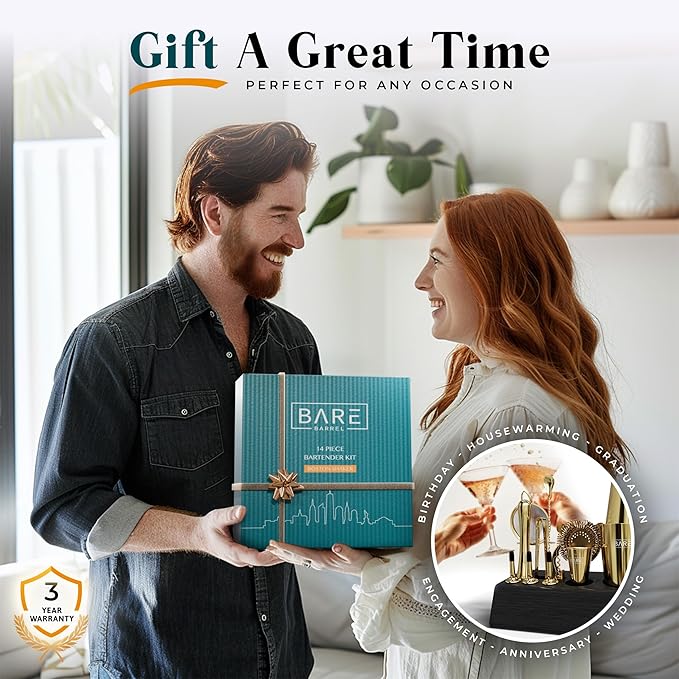 BARE BARREL® Mixology Bartender Kit Bar Set | 14-Piece Cocktail Shaker Set | Martini Barware Mixing Tools for Home Bartending | Incl. 35 Recipe Cards | Gift Set (28oz Boston Shaker, Gold/Black)