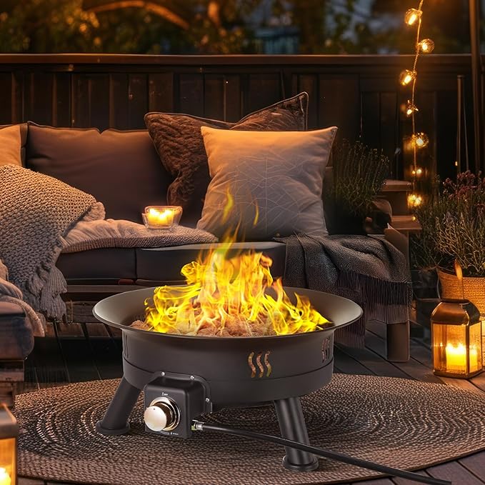 TLSUNNY 24'' Propane Fire Pit，58,000 BTU Portable Smokeless Firebowl with Self Igniter,Cover，Lava Rocks，Gas Cylinder Holder for Camping，Outdoor Living，Patio，Backyard,Tailgating,Garden，Deck,RV