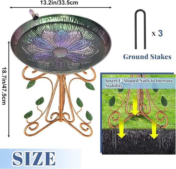 Vintage Metal Bird Bath for Outside, 13" Dia Birdbaths Bowl with Cast Iron Pedestal, Large Antique Bird Feeder with Folding Bracket for Outdoors Garden Patio Yard Decor (Purple Lotus)