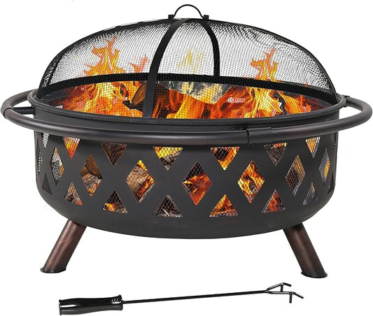 Sunnydaze Crossweave Outdoor Fire Pit - Wood-Burning Fire Pit for Outside with Spark Screen, Poker and Round Cover - 36-Inch - Black