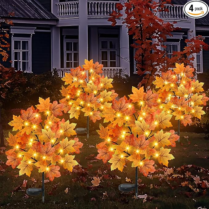 TORONTOKYO 4 Pack Fall Solar Outdoor Lights, Fall Decor 80 LED Maple Leaves Solar Stake Light with 8 Modes, Waterproof Fall Garden Lights Thanksgiving Decorations for Autumn Yard Pathway Outside