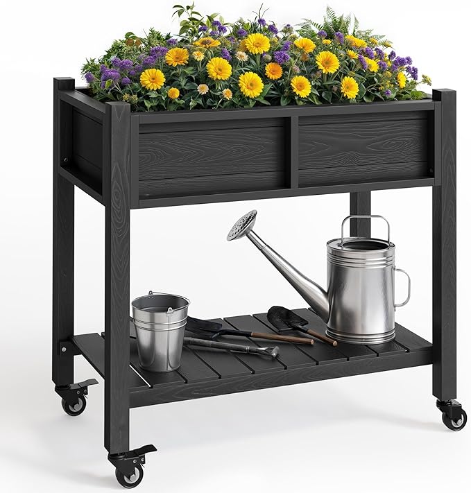 YITAHOME Raised Garden Bed, HIPS Poly Wood Elevated Planter Box with Shelf & Wheels for Mobility, Small Flower Box Stand for Patio Balcony Garden Backyard, Black