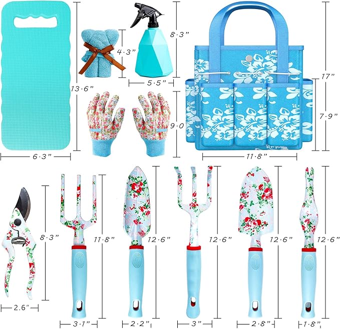 Gifts for Mom, JUMPHIGH Womens Gardening Gifts Set, Floral Gardening Tools with Tote Bag, Gifts for Her for Girlfriend, Birthday Gifts for Women, Gardening Kit Womens Gifts for Christmas (Blue)