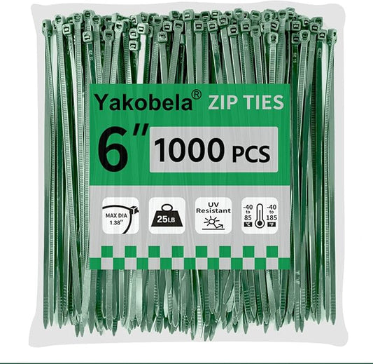 Green Zip Ties 6", 1000 Pack, Cable Ties UV Resistant, Wire Ties 25 lbs Tensile Strength for Garden, Plants, Holiday Lights, Yakobela