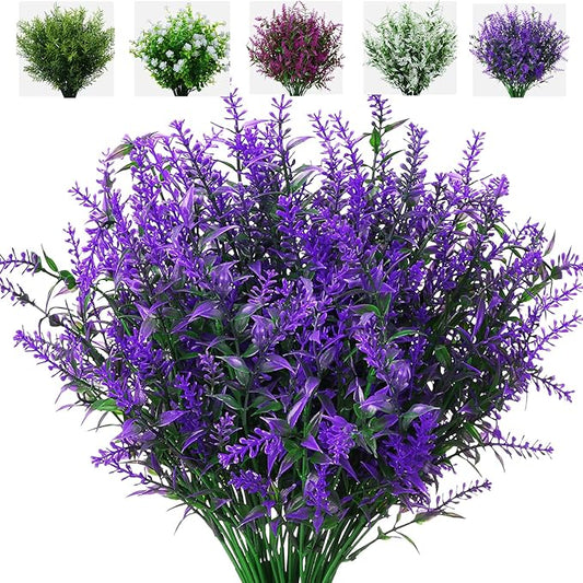 8 Pack Artificial Plants Flowers Grass Shrubs Lavender No Fade Faux Plastic Flowers Outdoor for Farmhouse Garden Porch Patio Indoor Wedding Decoration Greenery Fake Plants uv Resistant