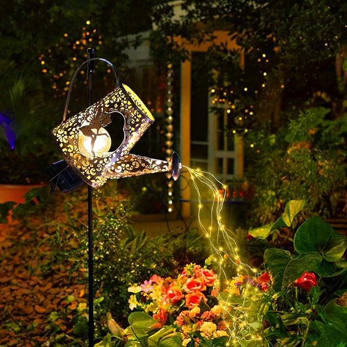 VOOKRY Solar Watering Can with Lights, Outdoor Garden Solar Lights Pathway Stake Lights Waterfall Fairy Lights Decorative Lights for Walkway, Yard, Lawn, Patio, Gardening gifts for Women, Mother's Day