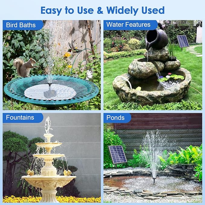 POPOSOAP Solar Fountain Pump for Bird Bath, 6.5W Solar Water Fountain Pump with Upgraded Dry-run Protection & Double-layer Nozzles 5Ft Tubing for Pond, Bird Bath, Backyard Water Feature