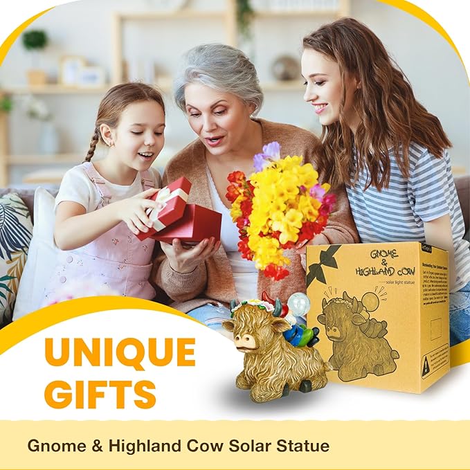 Solar Highland Cow Gnome Garden Decor Statue, Outdoor Funny Solar Light Decoration for Yard, Patio, Lawn, Unique Housewarming, Birthday Gift for Women, Mom, Grandma