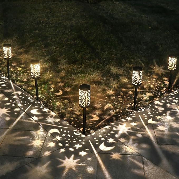 Solar Pathway Lights 6 Pack Star Moon Solar Lights Waterproof Garden Light for Yard Lawn Path Patio Outdoor Decor Gifts Warm White (Modern)