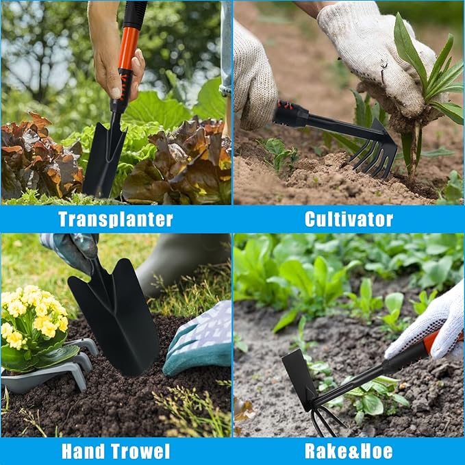 Luwint Gardening Tools Kit, Pack of 4 Garden Tool Set with Non-Slip Handle, Sturdy Classic Utility Tool Heavy Duty Steel Garden Tools with Long Ergonomic Handle for Maintaining Lawn Garden Vege