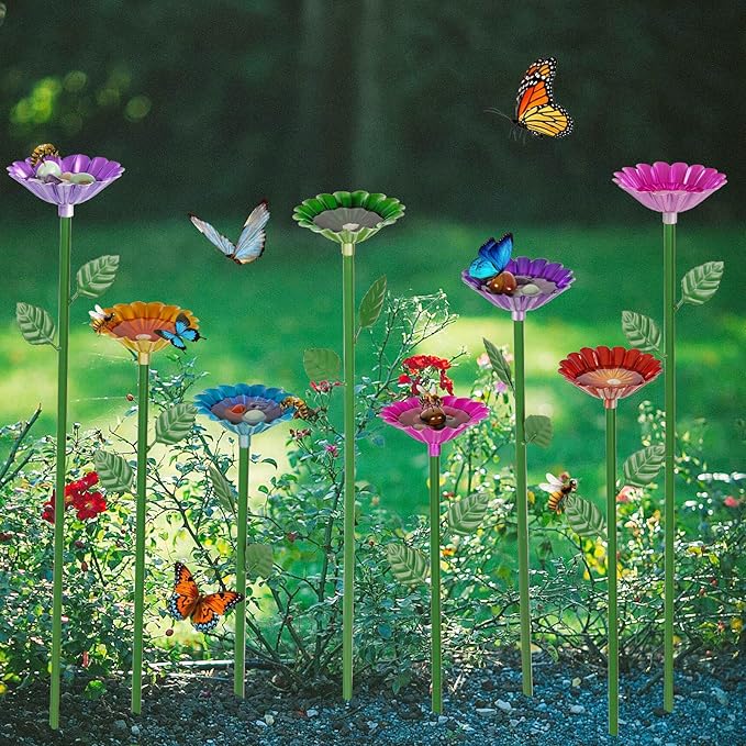 8 Pack Bee Watering Station, Bee Bath for Garden Metal Bee Water Feeder with Flower Design, Colorful Butterfly Bee Bath Bowl for Outdoor Garden Yard Decor