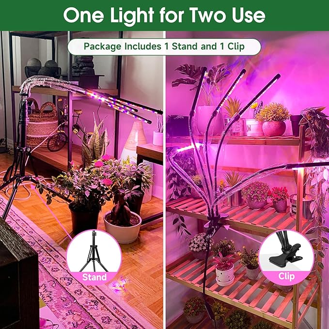 wolezek Grow Lights for Indoor Plants, Full Spectrum LED Plant Grow Light with Adjustable Stand and Sturdy Clip, 5-Heads Plant Light with Auto 6/12/16H Timer, 3 Light Modes, 5 Levels Dimmable