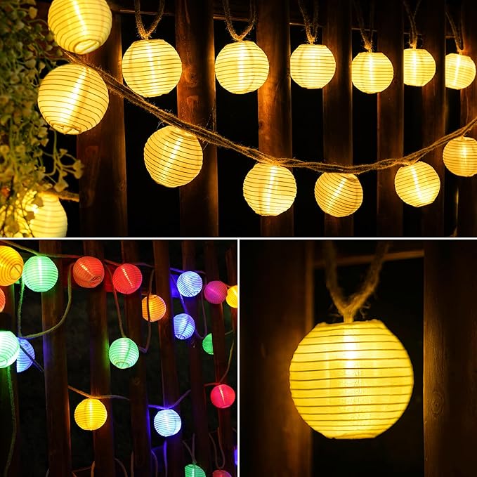 Solar Lantern String Lights Waterproof Outdoor, 40ft 40Led Warm White & Multi-Color Garden Lights Hanging Hemp Rope Nylon Lanterns with Remote, Timer for Yard, Balcony, Fences, Porch, Patio, Party