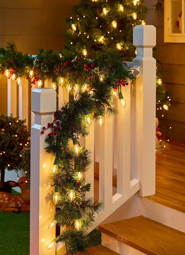 Vintage C9 LED Christmas Lights, 100 Feet C9 String Lights with 100 LED C9 Plastic Bulbs, Waterproof Connectable Lights for Christmas Tree Roofline Garden Patio Backyard Cafe Decor, Warm White