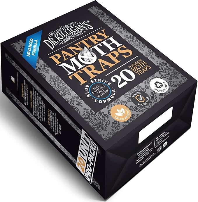 Dr. Killigan's Premium Double Potent Pantry Moth Traps with Pheromones Prime, Sticky Indian Meal Moth Traps for Kitchen, How to Get Rid of Moths in House (20 Pack, Black)