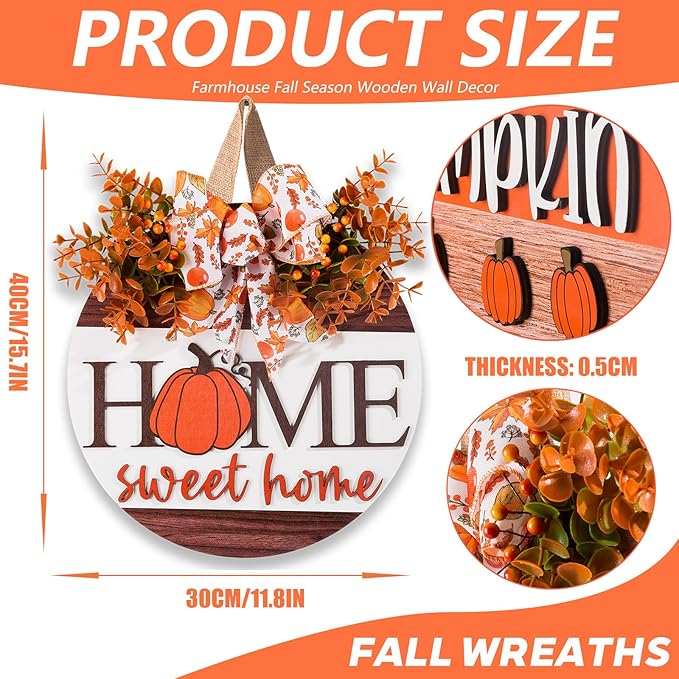 Hello Pumpkin Welcome Wooden Hanging Sign Fall Wreath for Front Door | Fall Autumn Harvest Decor with Bow & Wreath | Farmhouse Rustic Thanksgiving Porch & Wall Plaque | Indoor Outdoor Home Decor