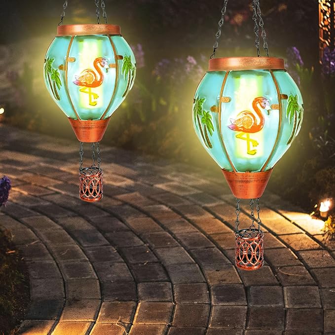 4 Pack Solar Hot Air Balloon Lantern with Flame， Flamingo Glass Solar Outdoor Lights Decorative for Outdoor Patio Garden Decor, Flamingo Gifts for Women Grandma Mom - Flamingo
