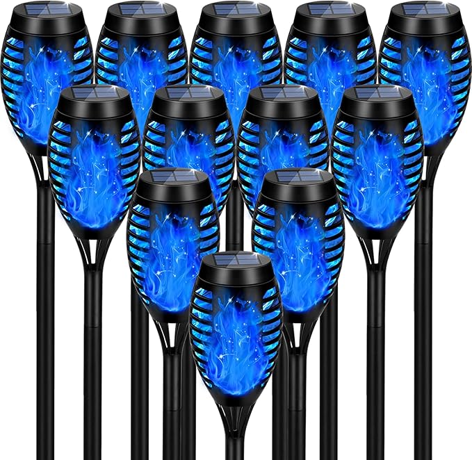 Upgraded Solar Lights Outdoor Waterproof Blue, 12 Pack Solar Torch Light with Flickering Flame, Mini Solar Outdoor Lights Solar Landscape Lights for Garden Porch Yard Pathway Decoration