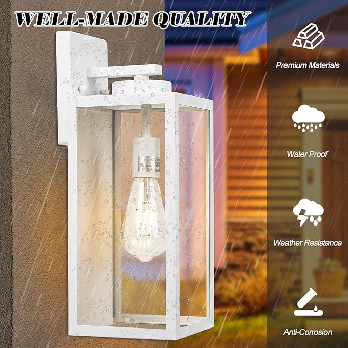 16-inch Large Outdoor Wall Light Fixture, White Exterior Wall Lantern Waterproof, Farmhouse Porch Sconce Lighting with Glass, Modern Outside Lights for House, Garage, Patio Lamp, 2 Packs