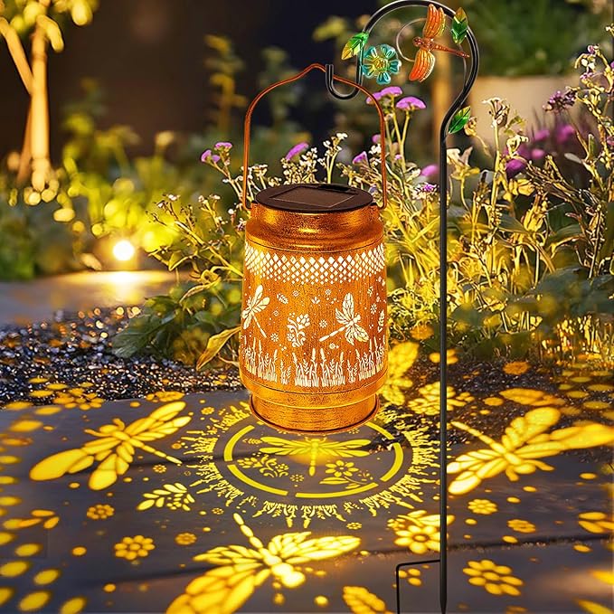 Solar Lanterns Outdoor Waterproof Dragonfly Garden Decor, Birthday Gifts for Women Mom Grandma Hanging Solar Lights Metal LED Decoration Outside with Shepherd Hook for Garden Yard Patio Porch