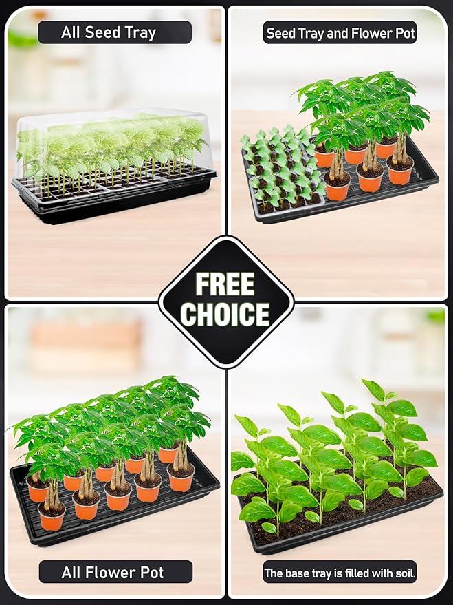 1020 Plant Tray with Tall 8'' Dome, 144-Cell Seed Starter Tray with Heat Mat, Extra Large Seed Starter Kit, Heavy-Duty Seed Starter Tray for Seed Starting, Plant Germination & Growing, 2 Pack