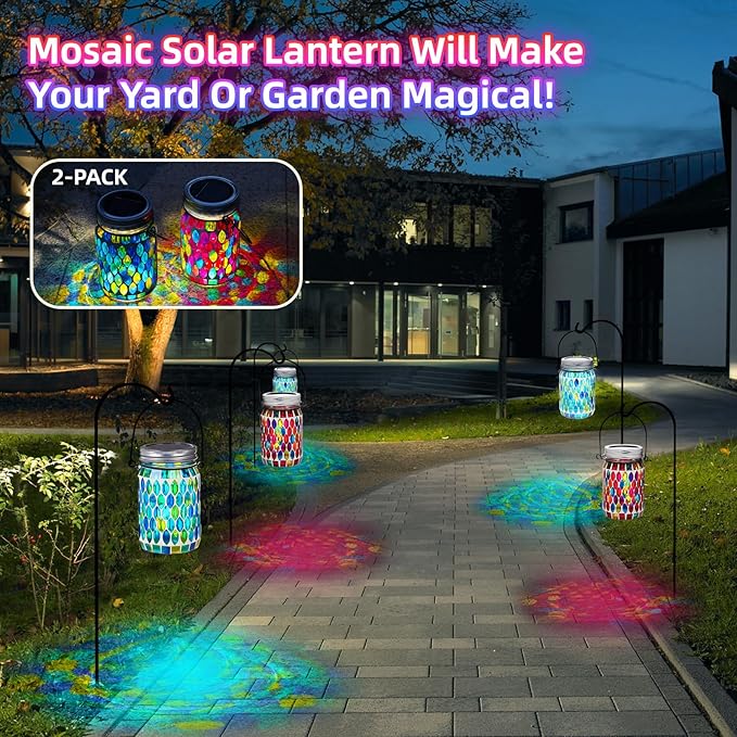 VOREEN 2 Pack Mosaic Solar Lanterns, Outdoor Glass Hanging Lights, Solar Table Lamps, Waterproof Night Lights, Jar Lights Easter Gifts, Decoration for Garden, Patio, Yard, Balcony, Blue&Red
